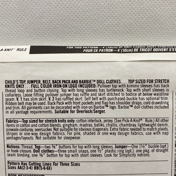 Simplicity 8566 Barbie Doll & Girls Clothing Sewing Pattern Uncut Sizes 2-4 - Picture 8 of 14